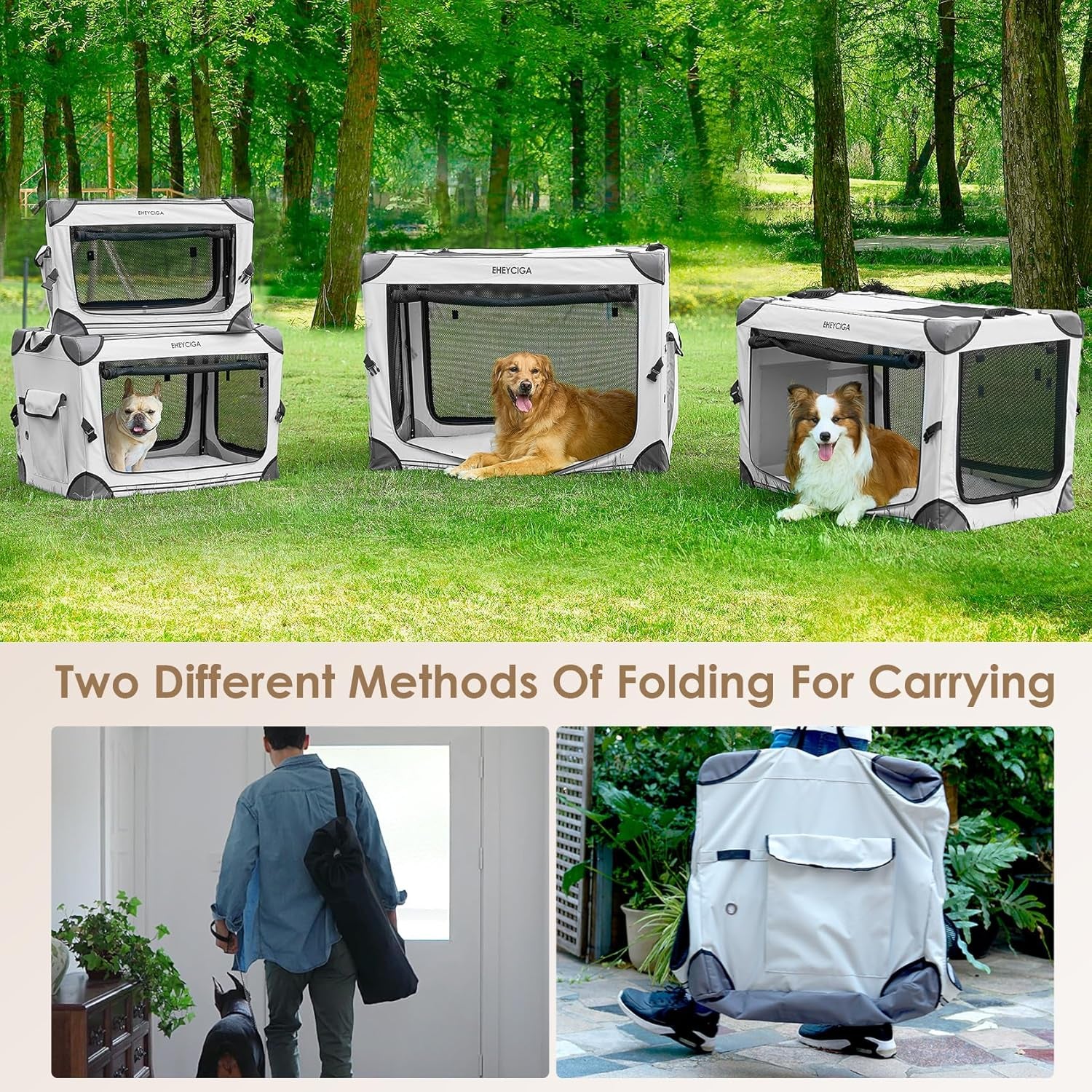 Collapsible Dog Crate 36 Inches, Portable Travel Crate for Large Dogs, Soft Foldable Pet Kennel with 4-Door Mesh Windows Indoor & Outdoor