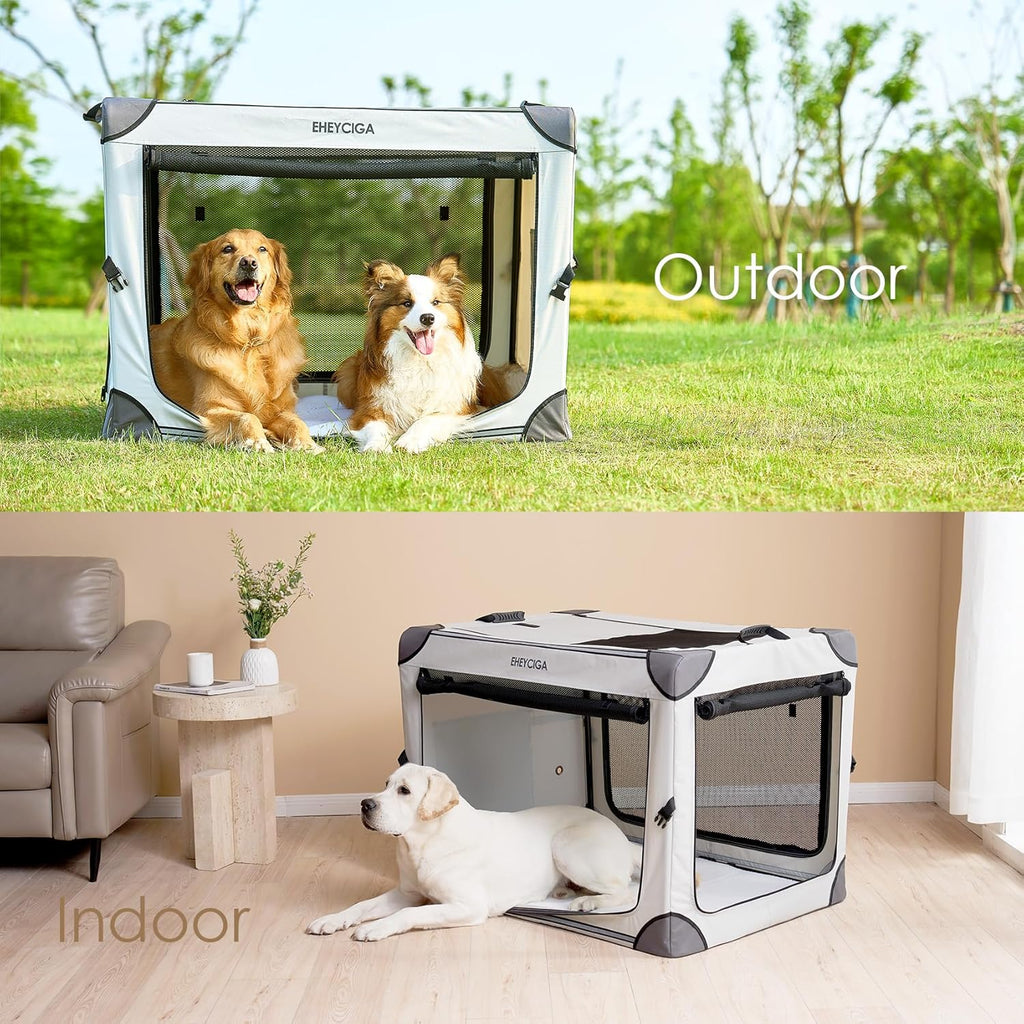 Collapsible Dog Crate 36 Inches, Portable Travel Crate for Large Dogs, Soft Foldable Pet Kennel with 4-Door Mesh Windows Indoor & Outdoor